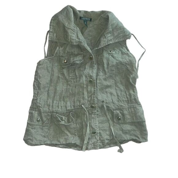 LAUREN RALPH LAUREN Olive Cargo Utility Sleeveless Linen Blouse Size M - Picture 2 of 6